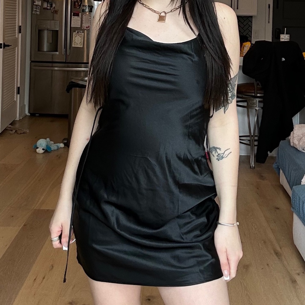 DIVIDED H&M Black Satin Cowl Neck Knit Mini Dress